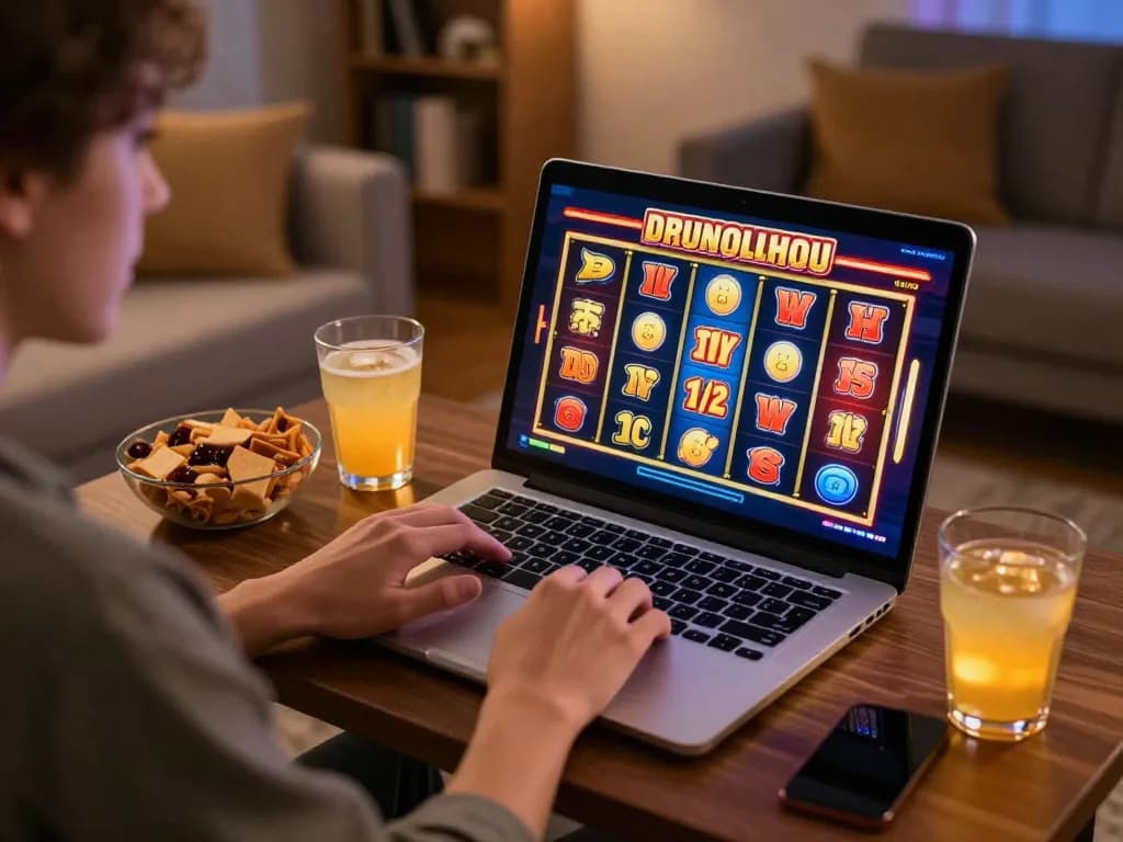 Player engaging in uu88 casino slot game on a laptop with inviting home atmosphere.