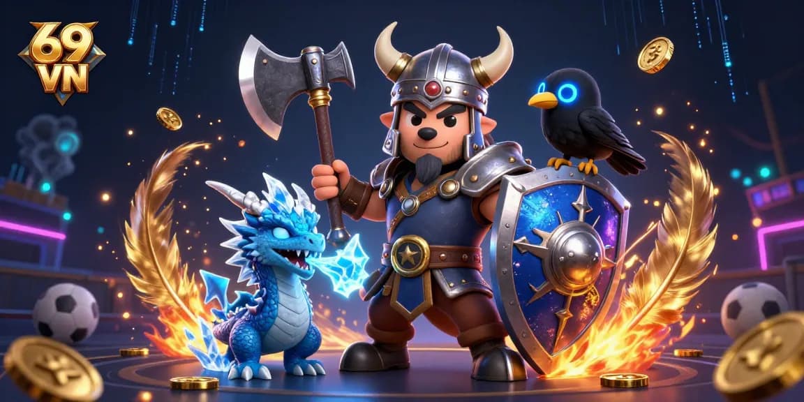 Engage in thrilling games at the 69 VN casino with vibrant illustrations of a Viking wolf warrior, dragon, and raven amidst dynamic betting elements.