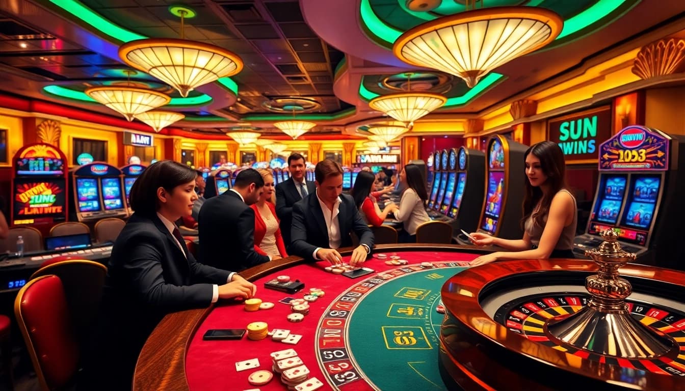 SUNWIN players enjoying an exciting casino environment at a vibrant gaming table with poker chips and cards.