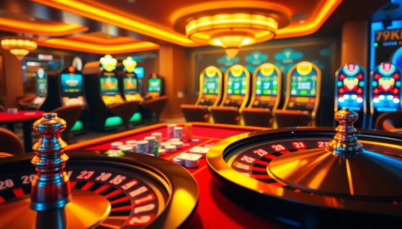 Action-packed gaming scene featuring 79KING poker chips and vibrant roulette wheel.