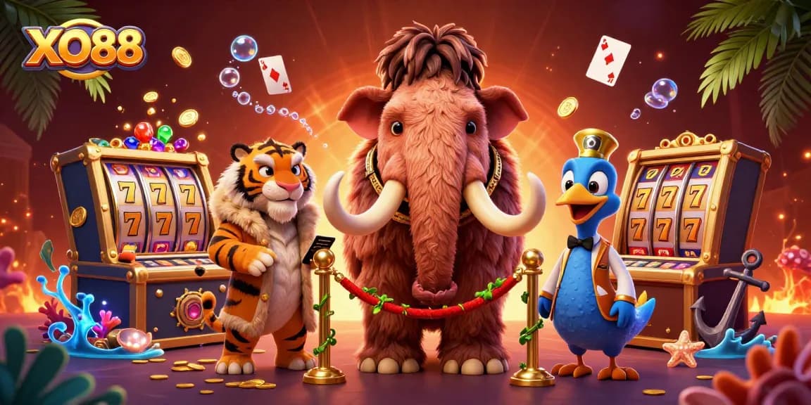 Engage with the thrilling world of XO88 as a 3D cartoon bouncer welcomes visitors to a vibrant casino scene.