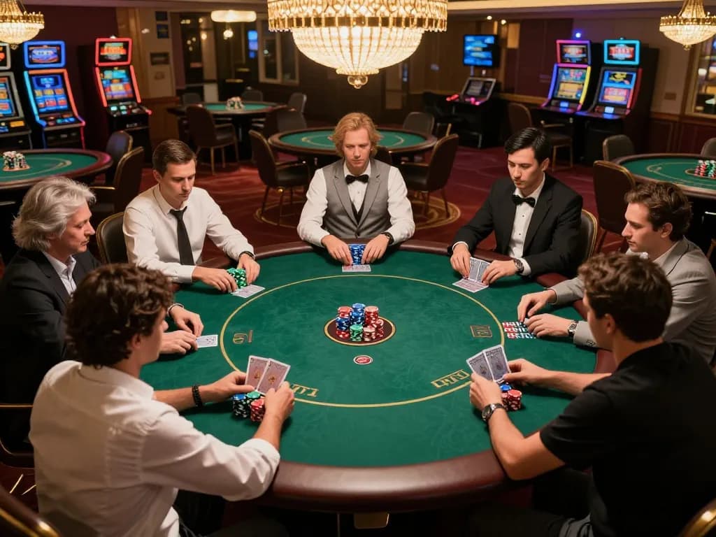 Engage in strategic gameplay at fly88 bet during an exciting poker game, surrounded by vibrant casino atmosphere.