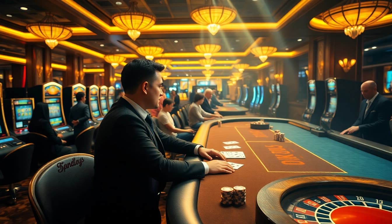 Experience thrilling gaming moments at https://fabet3.com/ with a luxurious casino scene featuring a professional poker table.