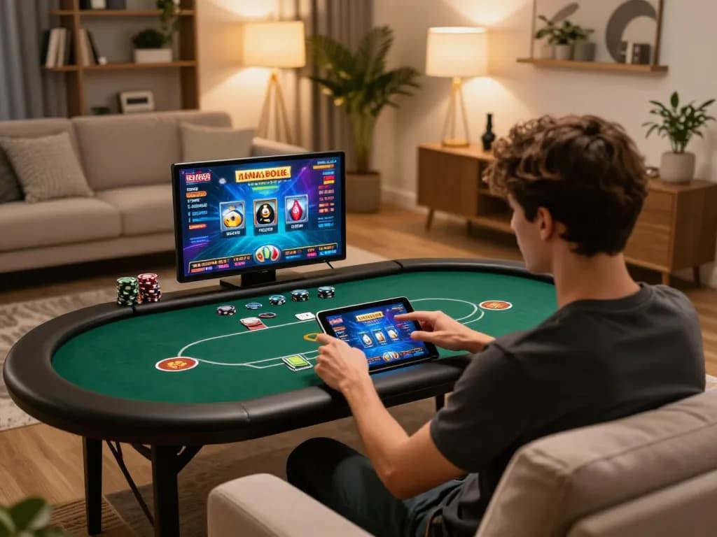 Engaging online gaming experience at okfun, showcasing a user interacting with a tablet for poker action.