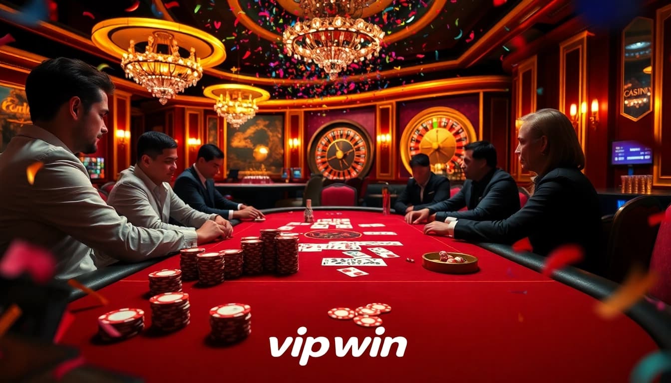 Experience the excitement of vipwin at a vibrant casino poker table with engaging gameplay.