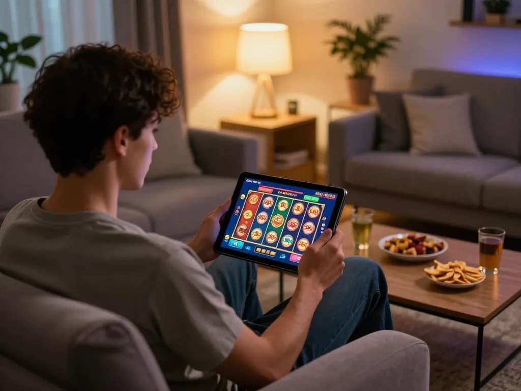Pemain yang terlibat dalam permainan slot toto di tablet di lingkungan rumah yang nyaman.