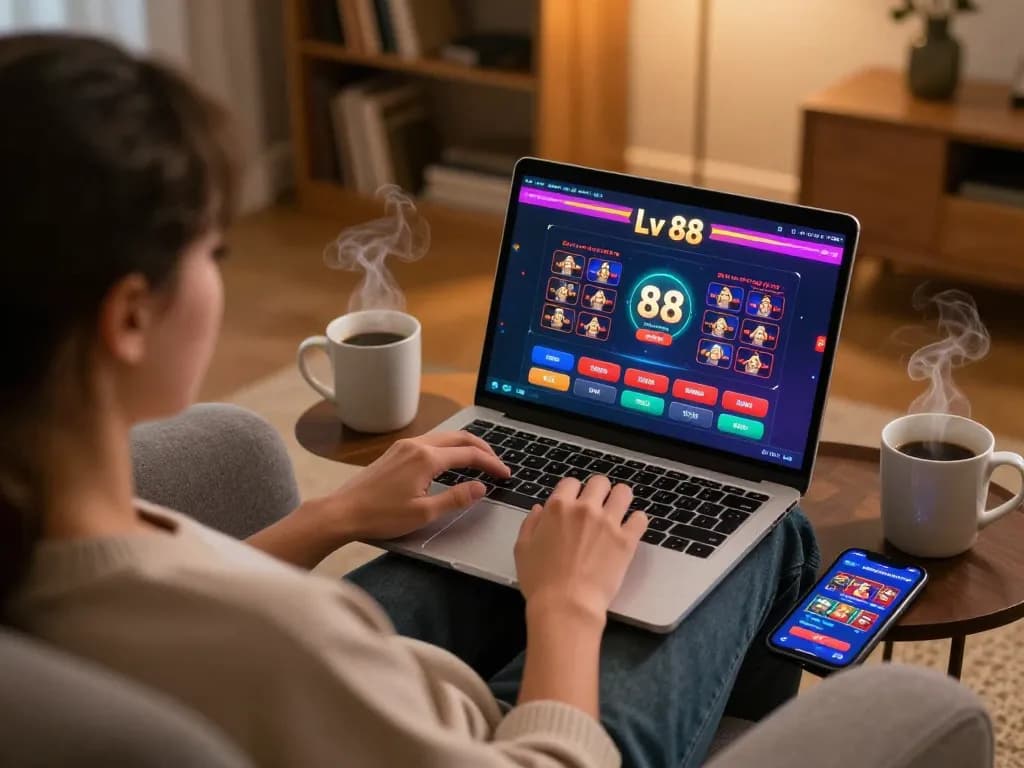 Online gambler engaging with Lv 88 platform through laptop, showcasing a cozy gaming setup.
