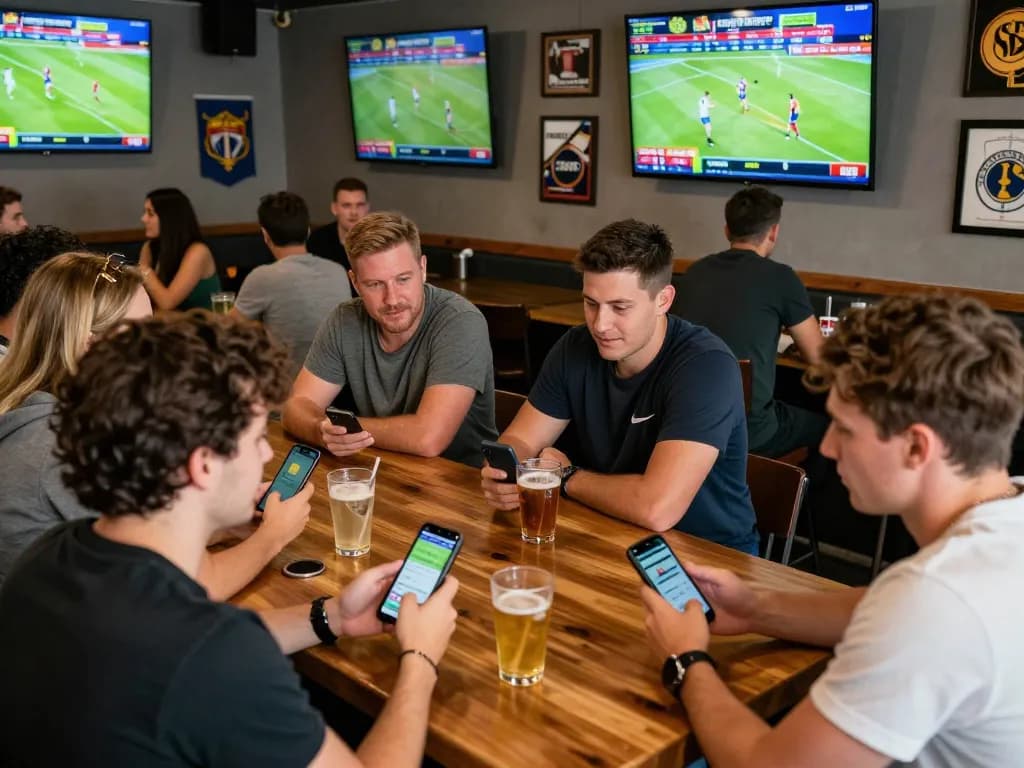 Friends engaging in sports betting using fabet app at a vibrant sports bar.