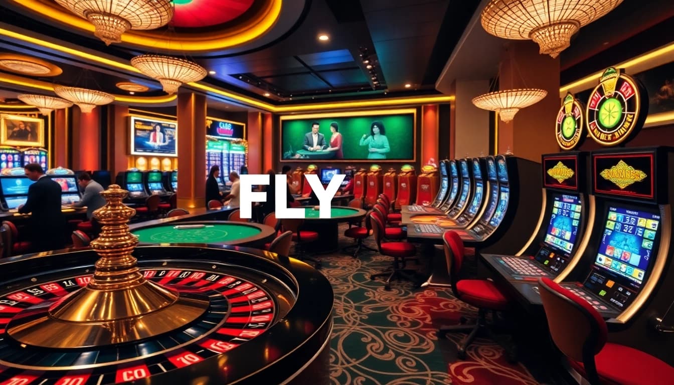 Experience the thrill at FLY88 with players betting at exciting casino tables and vibrant slot machines.