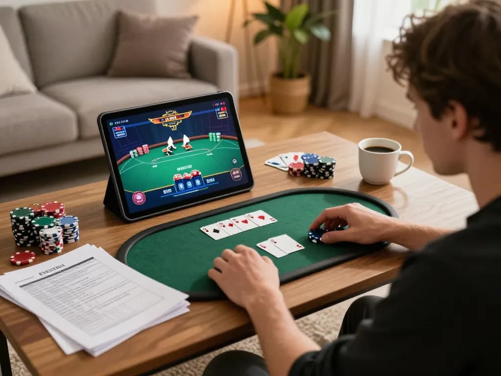 Player engaging in poker online at home using ee88 app, showcasing strategy and gameplay
