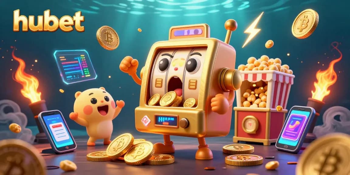 Experience the excitement at hubet's golden jackpot with celebrating slot machines and crypto elements.