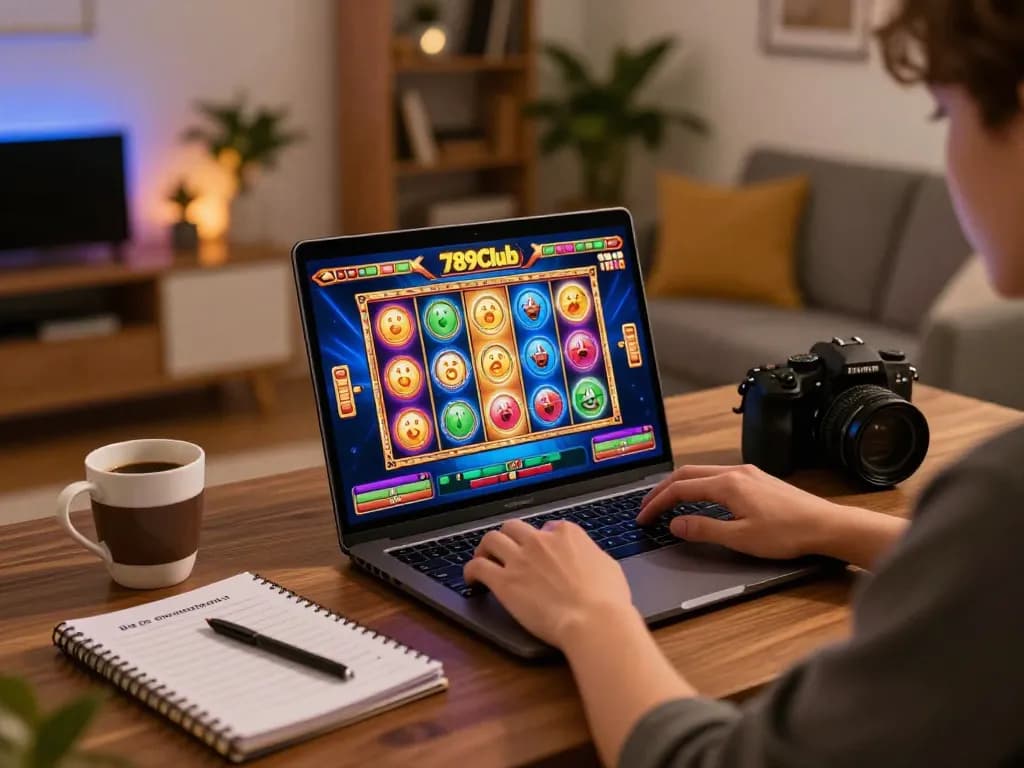 Playing thrilling slot games at 789Club online casino platform, showcasing an energized home gaming setup.