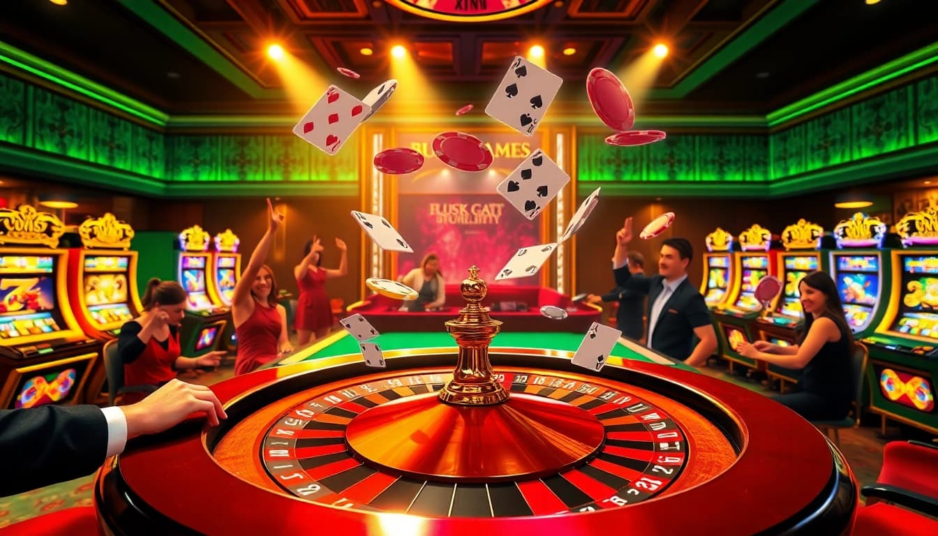 Luckywin provides an exhilarating gambling experience, showcasing players celebrating wins at a vibrant casino with roulette and slot machines.