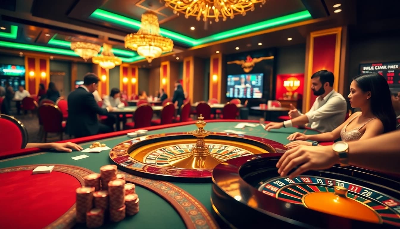 RR88 gambling scene with players at poker tables and a spinning roulette wheel.