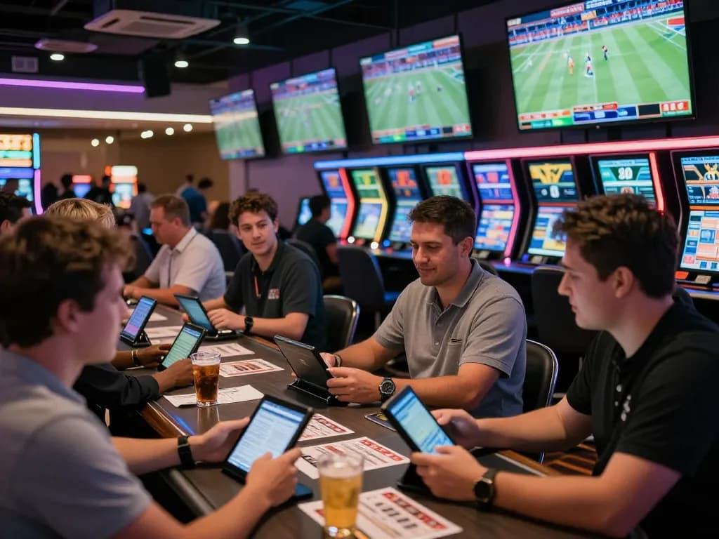 Excited bettors engaging in sports betting at Tin88's modern casino with live screens displaying game updates.