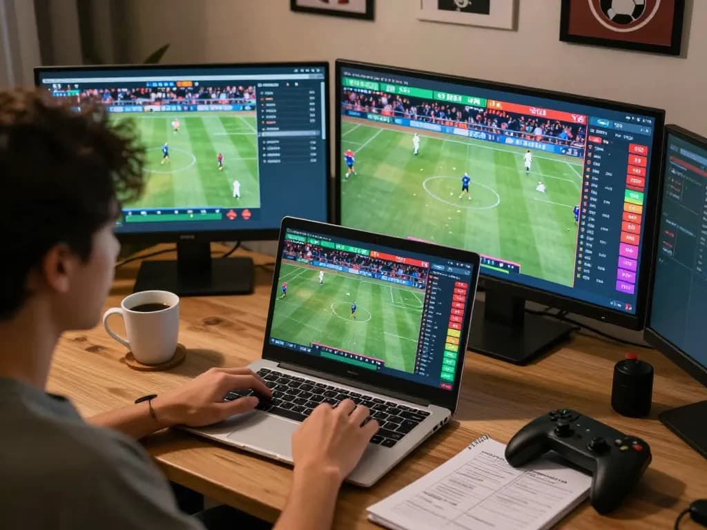 Engaging in live betting at nhà cái 79king on a laptop in a cozy home office.