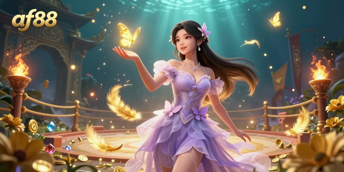 Engage with AF88's thrilling games, showcasing a stunning Asian woman in a magical casino scene filled with vibrant elements.