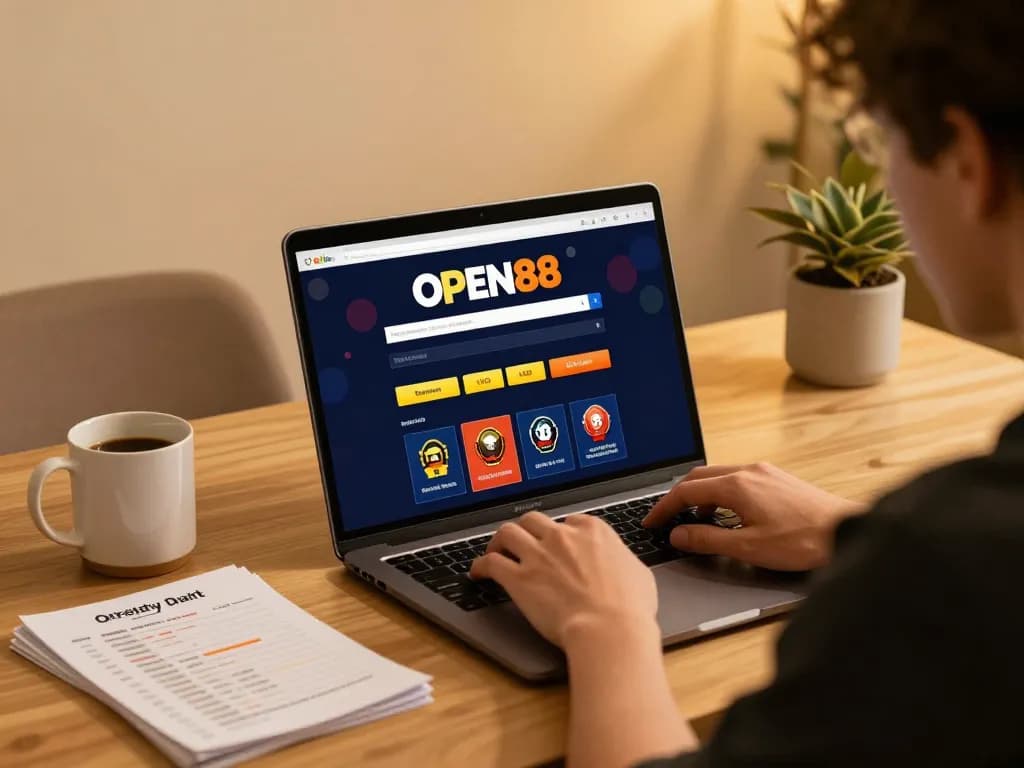 Engaging user enjoying the OPEN88 online casino on a personal laptop with a cozy gaming setup.