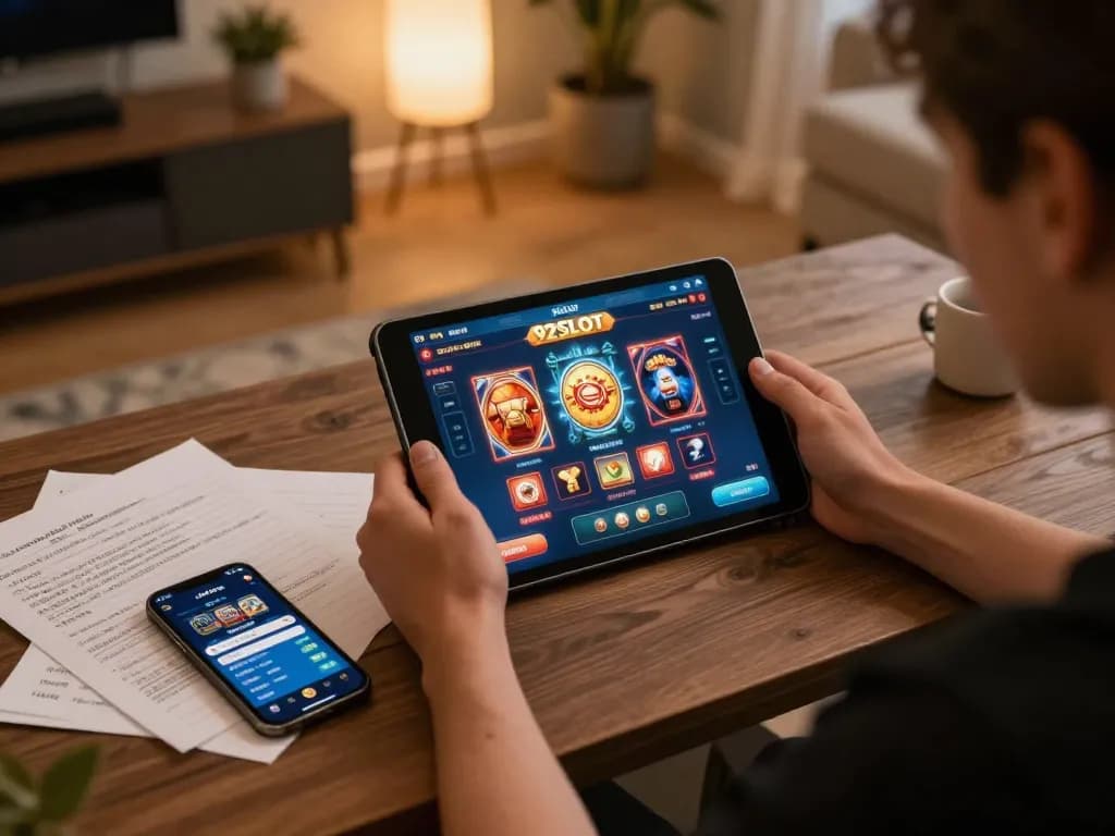 A player enjoying online casino games on 92SLOT tablet in a cozy home setting.