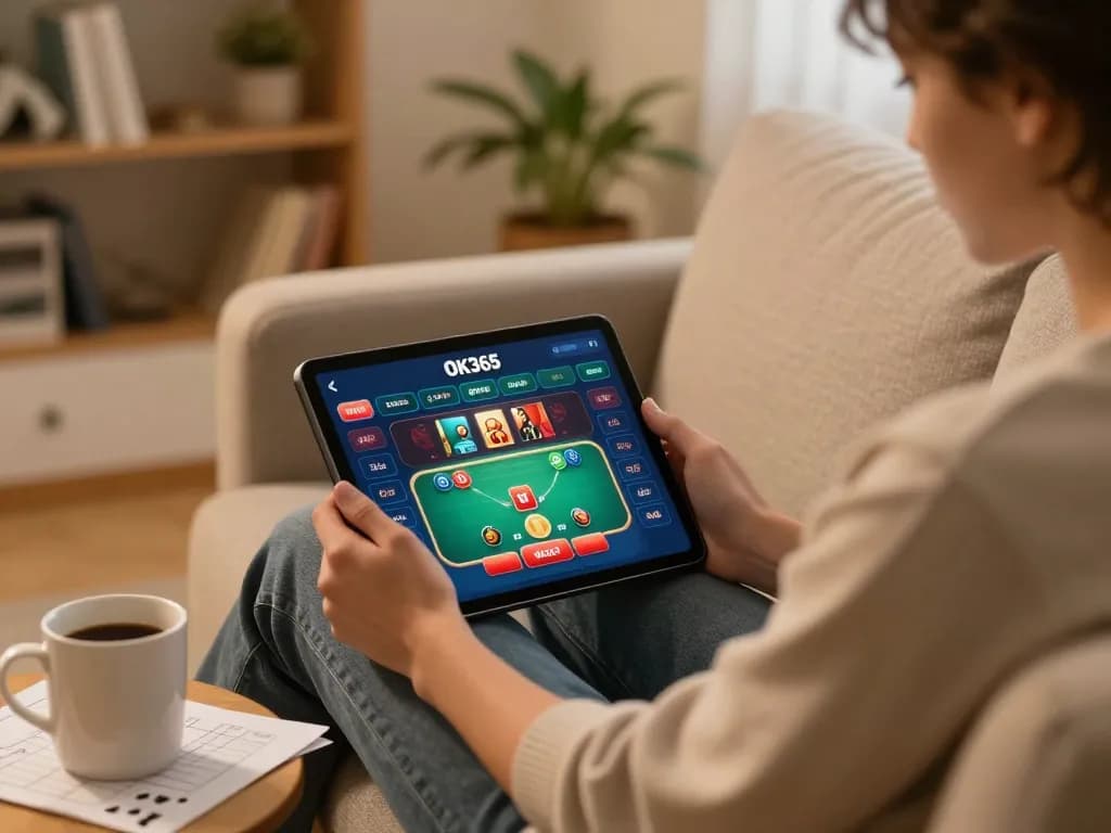 Player strategizing in an online poker game on OK365, illustrating comfortable home gaming experience.