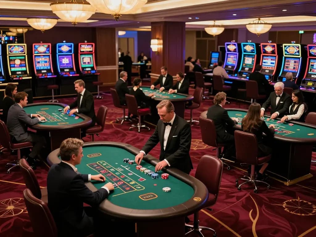 Players engaging in strategic blackjack gameplay at a luxurious casino floor showcasing a vmax experience.