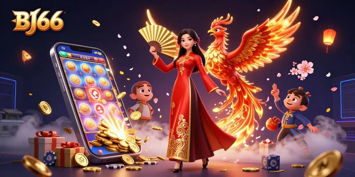 Engage in gaming excitement at BJ66, featuring a vibrant Vietnamese ao dai woman with golden phoenix and slot games.