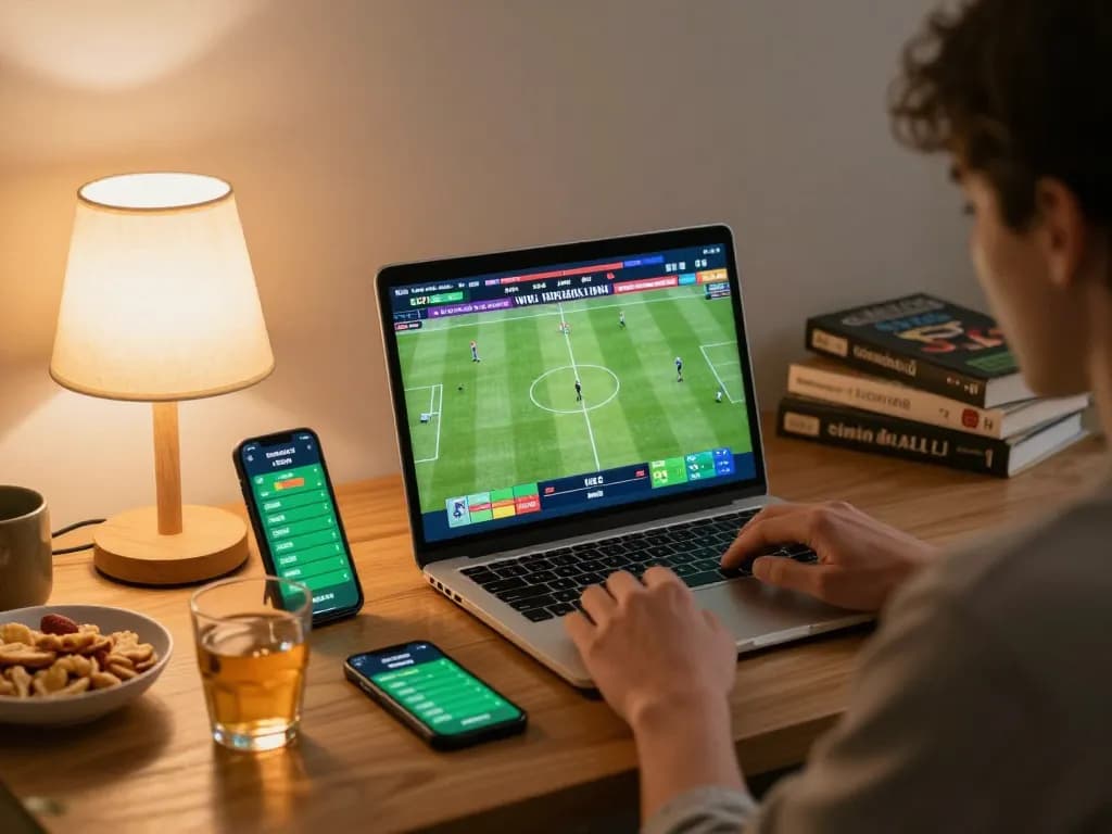 Cakhiatv sports betting scene with player engaged on laptop and mobile, relaxing atmosphere.