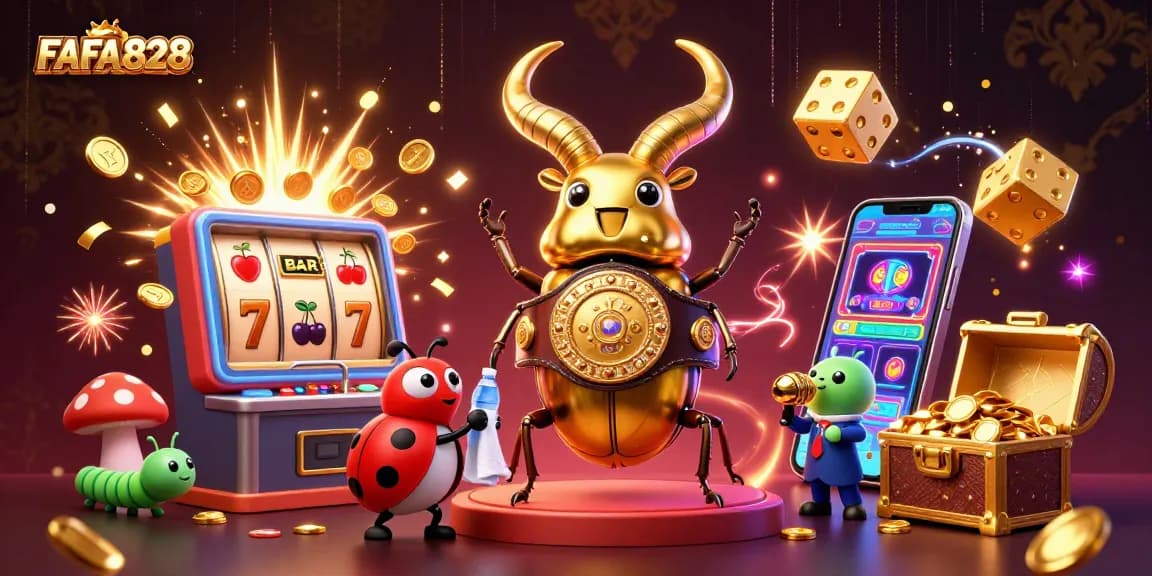 Watch FAFA828's vibrant slot machine scene with a champion beetle and glimmering treasures.