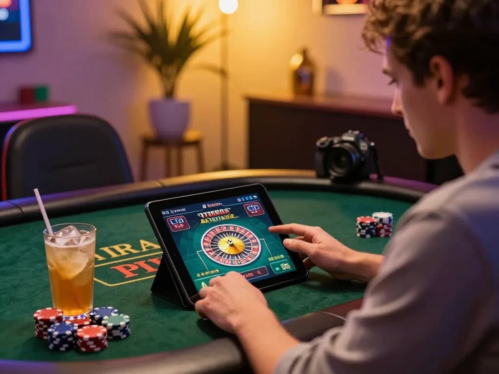 Player enjoying live dealer roulette on vu88 tablet with poker chips nearby.