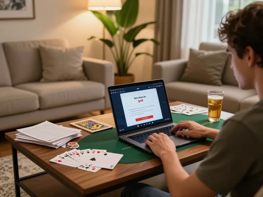 Player engaging in go8 đăng nhập on an online poker game interface in a cozy home setting.