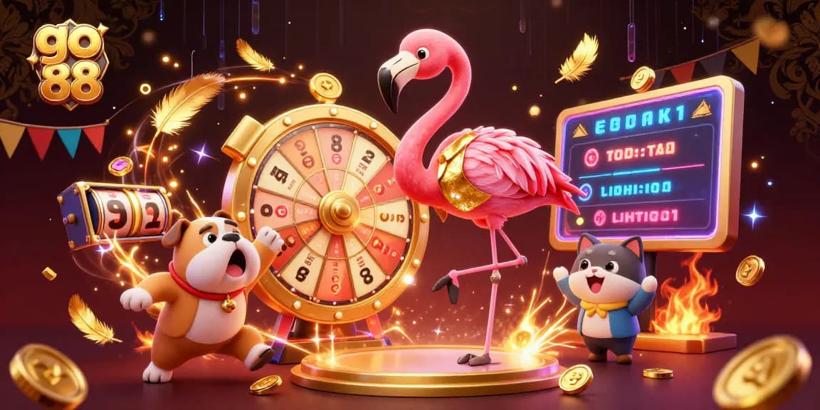Excited bulldog celebrates while the flamingo spins the go 88 prize wheel at a vibrant online casino.