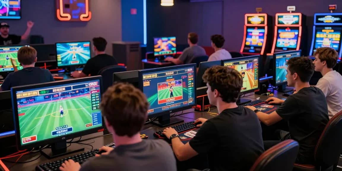 Engaging gaming environment at https://hello88ke.com/ featuring players participating in sports betting and casino games, vivid atmosphere and tech.