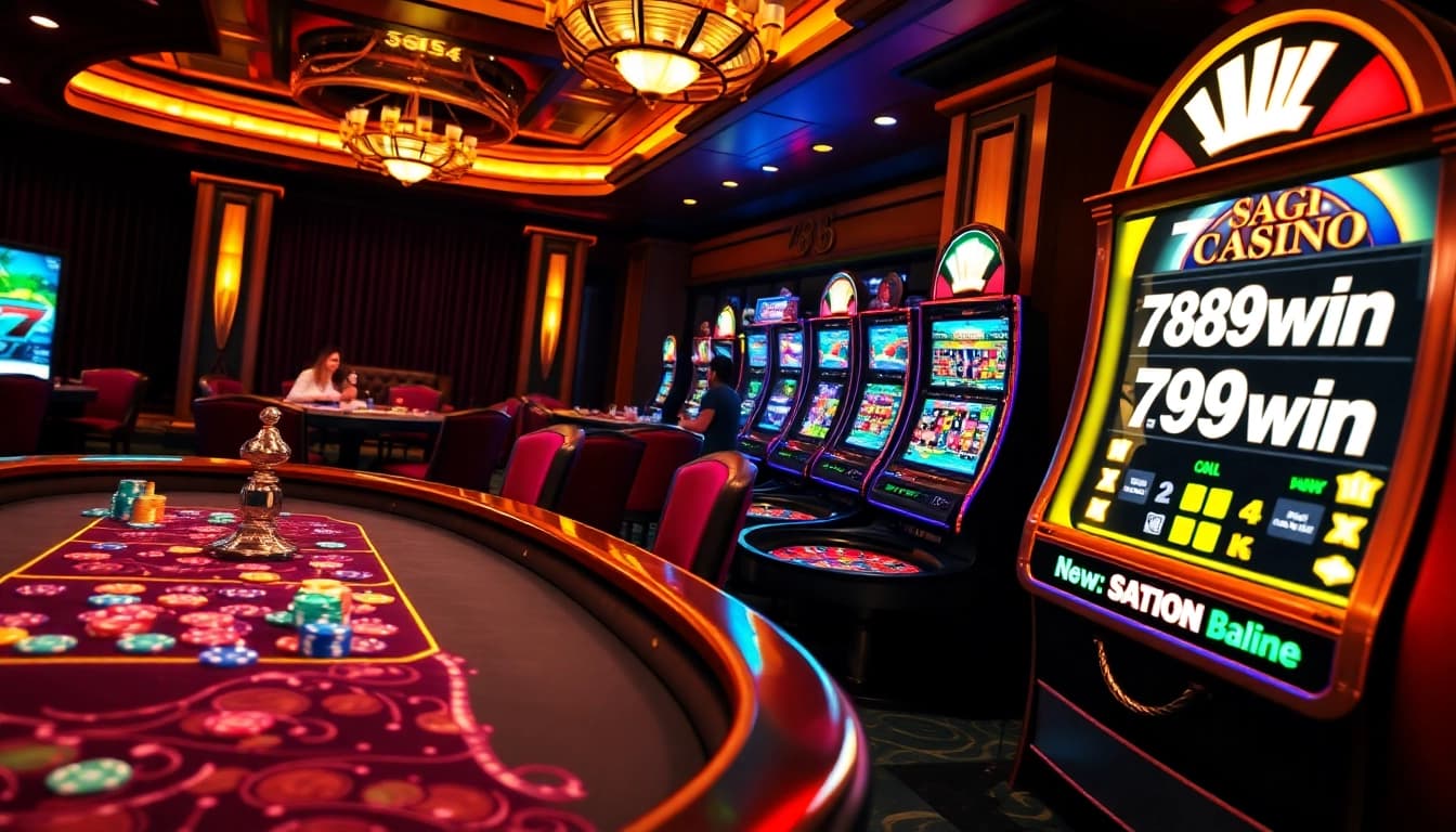 Excited players engaging with various games at 789win casino, showcasing vibrant poker chips and spinning roulette.