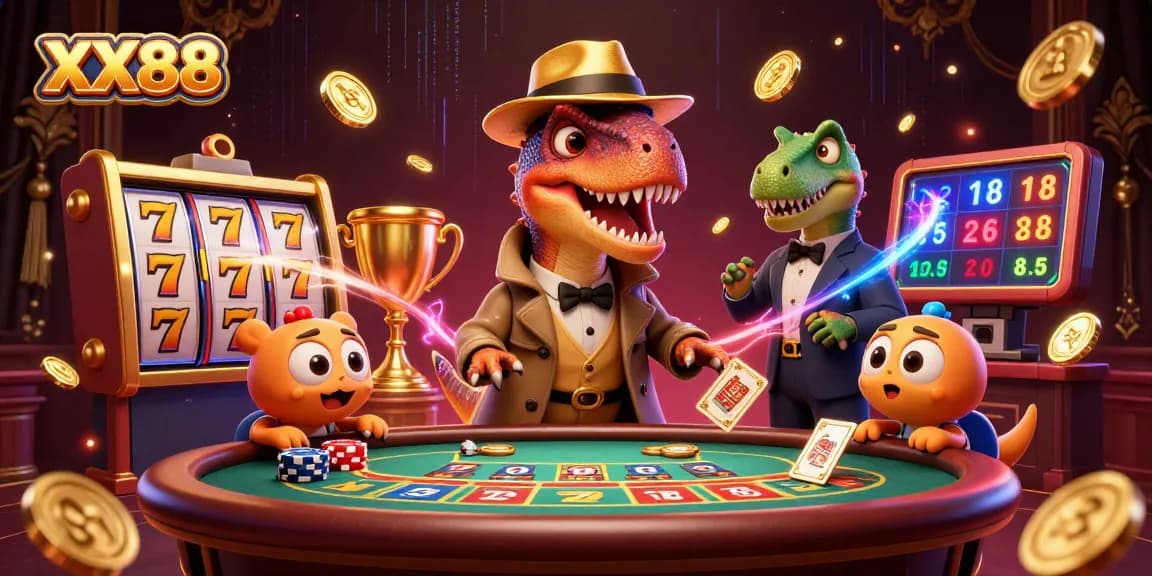 Experience exhilarating slots action with XX88, featuring dynamic characters and game elements in a vibrant casino setting.
