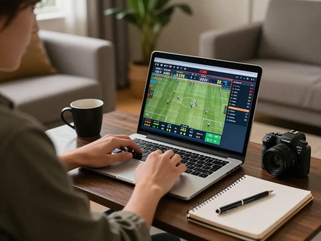 Vin777 user strategically placing bets on sports events from a cozy home setup with a laptop
