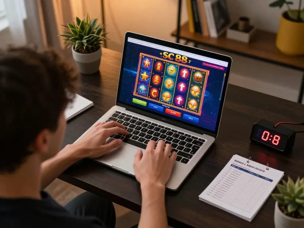 Player engaging in sc 88 online gaming on laptop at home, highlighting strategic casino action.