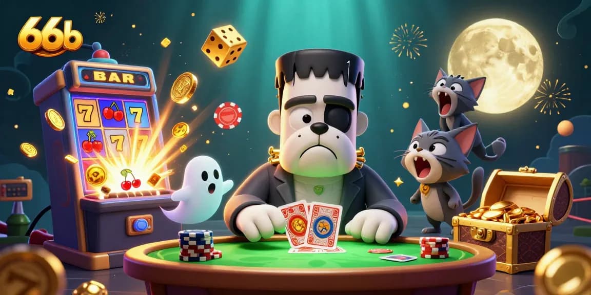 Savor immense excitement with 66b as a Frankenstein bulldog deals cards at a lively casino tabletop.