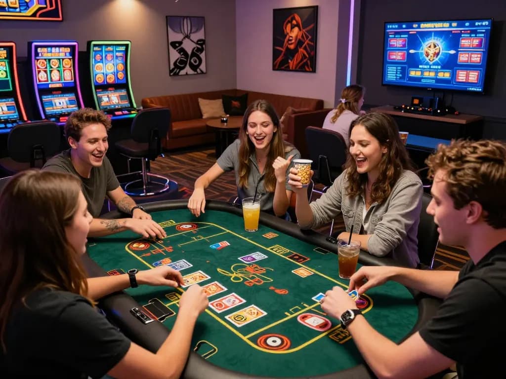 Engaged friends enjoying bomwin online gaming experience at a vibrant casino setting.
