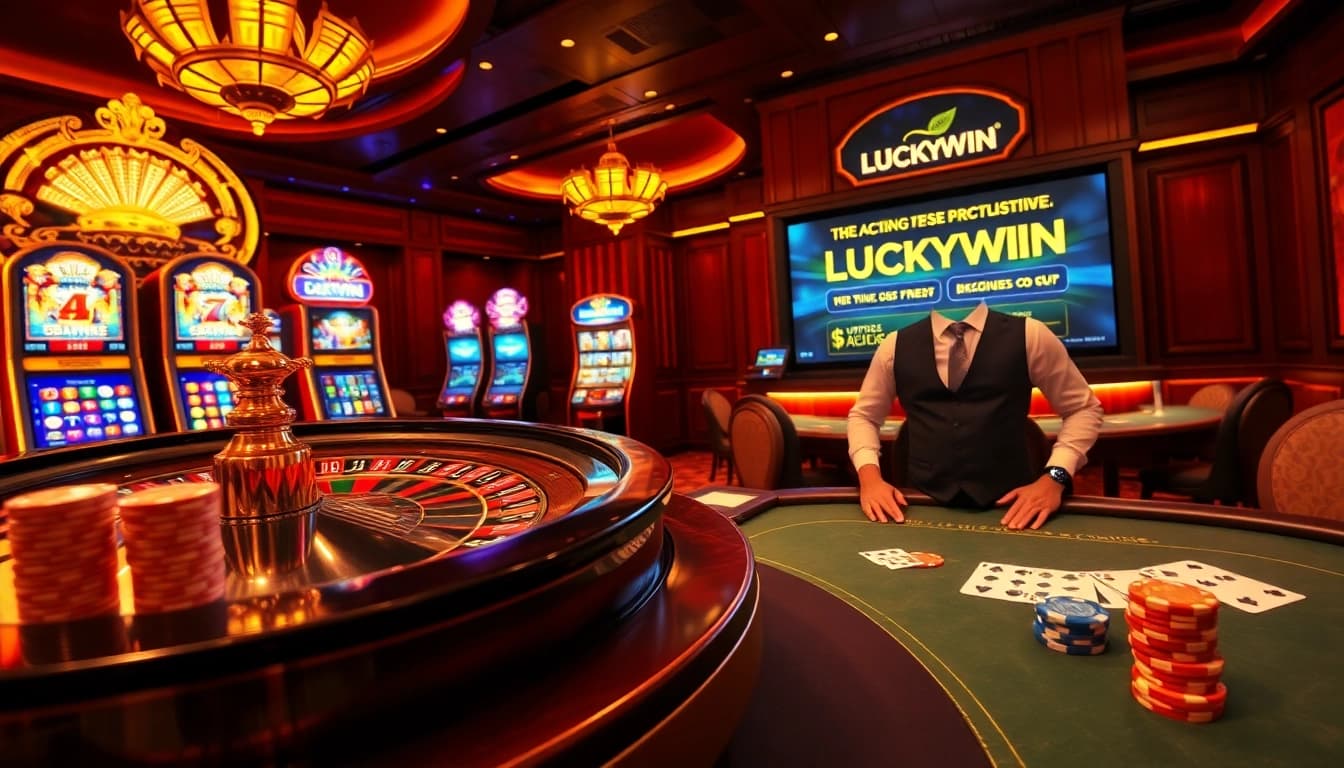 Experience the luxury of LuckyWin at a vibrant casino filled with roulette wheels and slot machines.