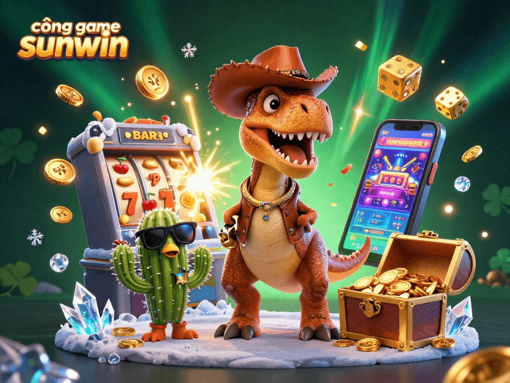 Spin the reels with cổng game sunwin as the T-Rex cowboy celebrates jackpot wins!