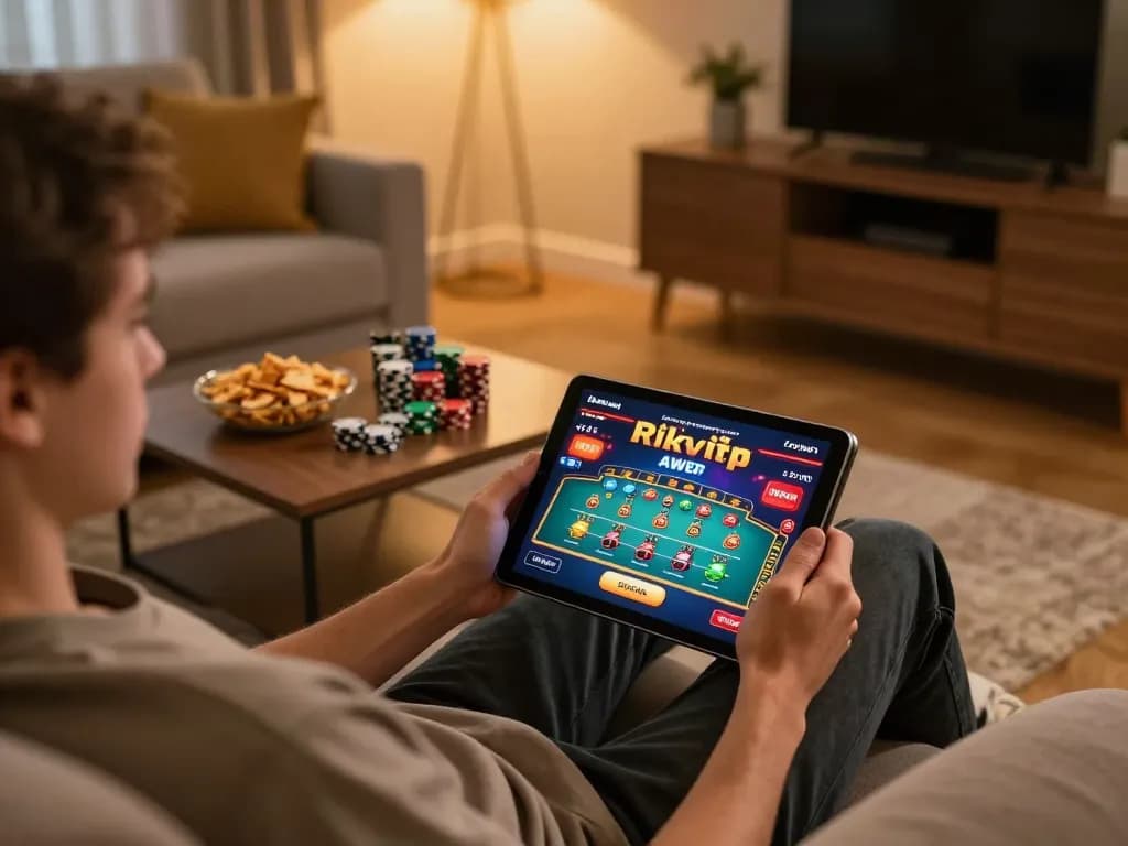 Engaged player enjoying a casino game on the Rikvip platform from home, celebrating strategic gameplay.