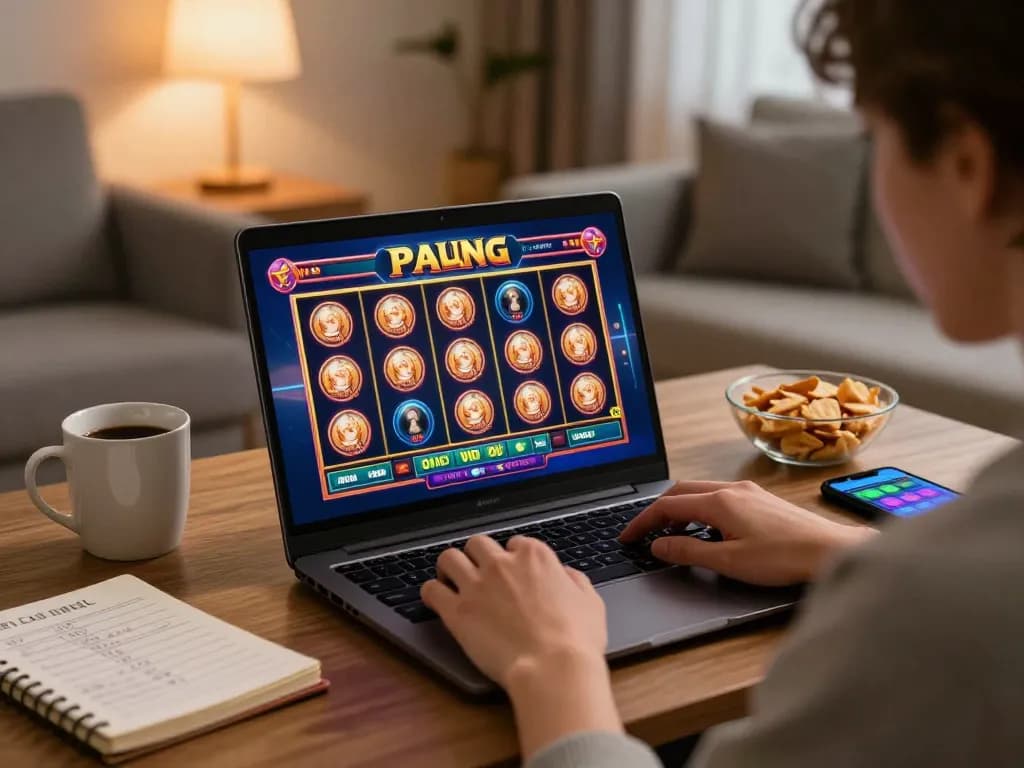 Engaged player using fly8800 for online slots in a relaxing home setup, highlighting responsible gaming.