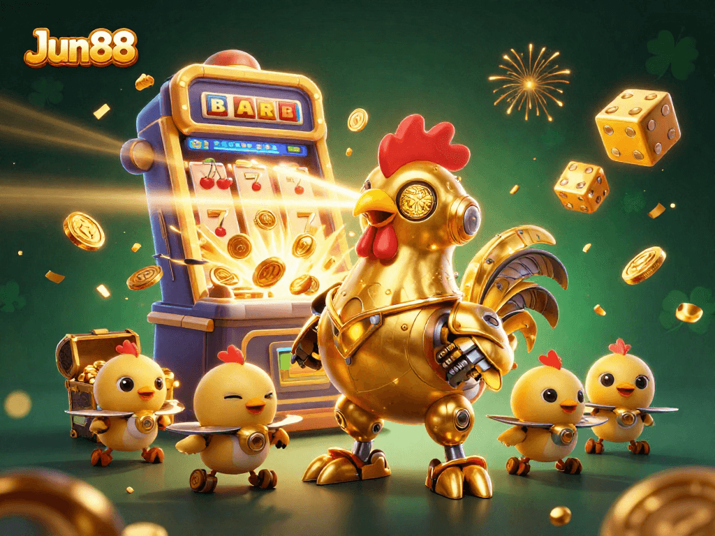 Engage with Jun88's vibrant casino scene featuring a golden rooster robot and dynamic slot actions.