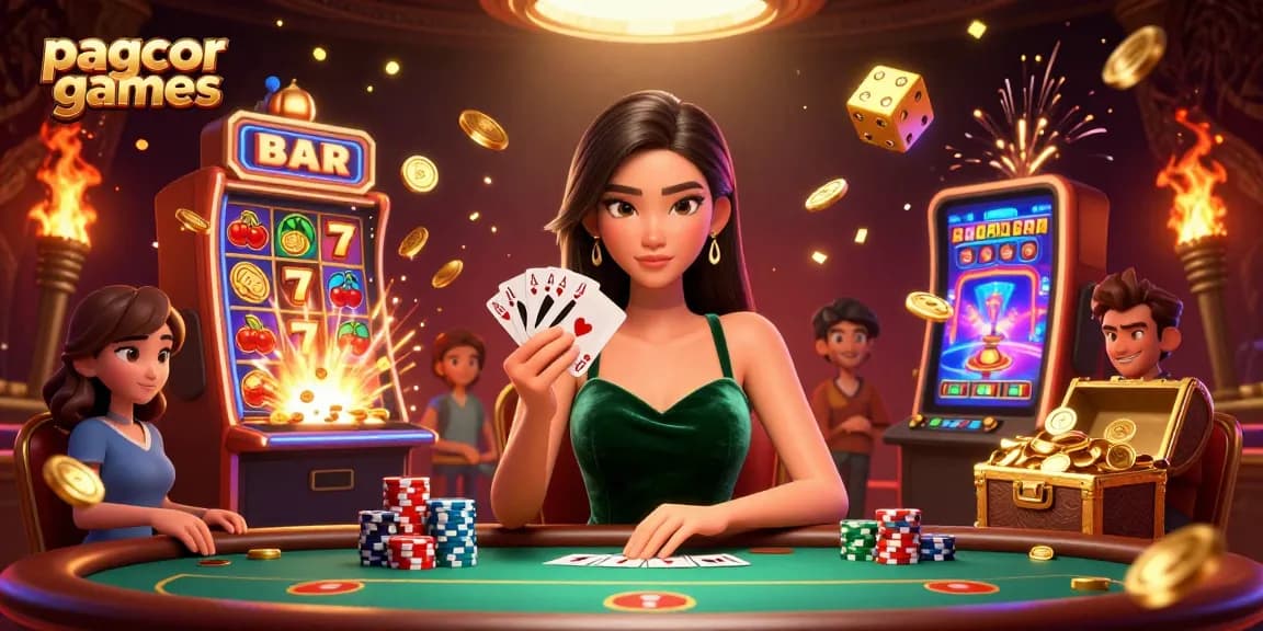 Experience pagcor games excitement with a stunning female poker player surrounded by vibrant casino elements.