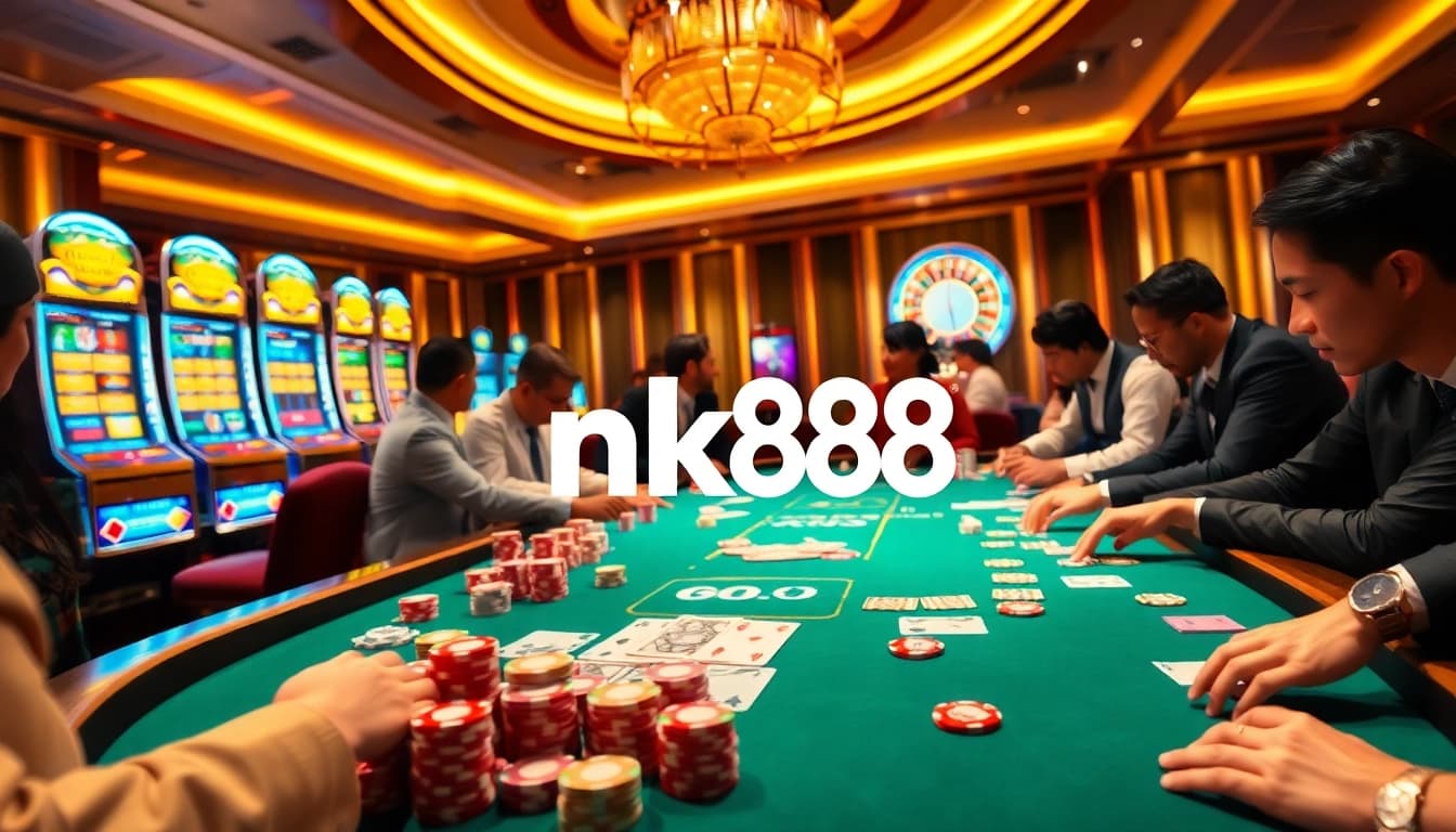 Players enjoying a thrilling poker game at the nk88 casino, enhanced by vibrant chips and cards.
