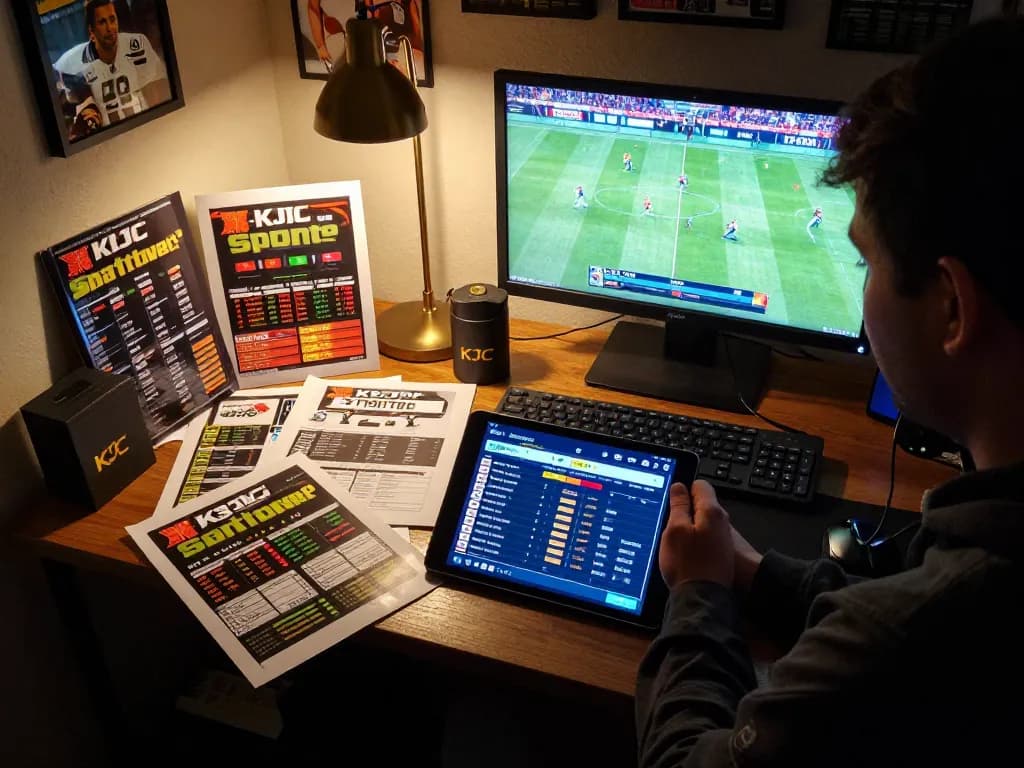 KJC user engaged in online sports betting strategy with tablet, reflecting excitement and professionalism.