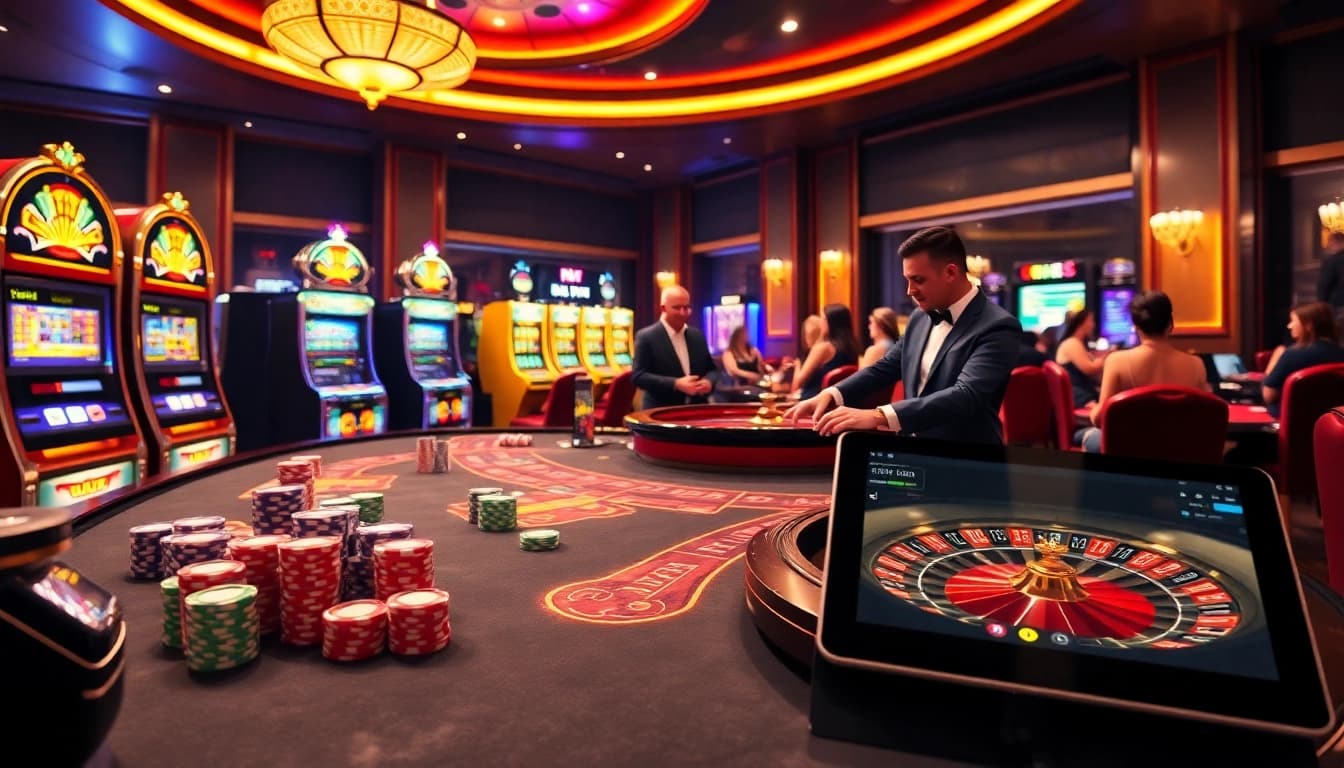 Engage in exciting casino gameplay at https://rr88.black/ with a luxurious gaming table and digital interfaces.