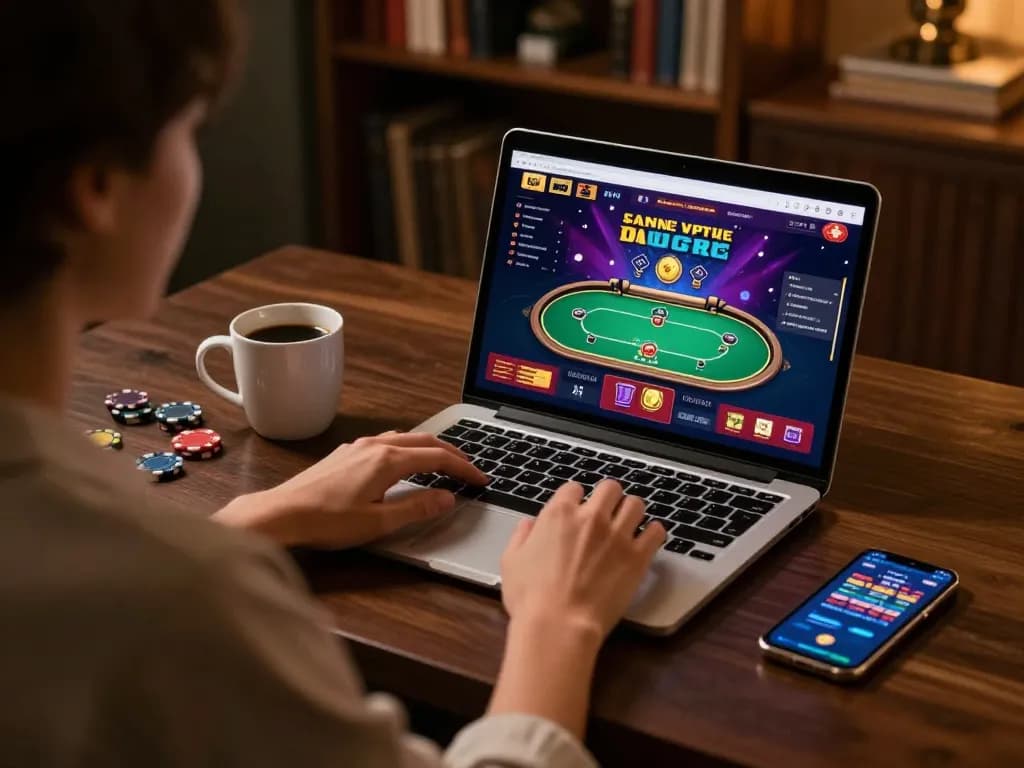 Engaging in MM88 online poker gameplay on a laptop, cozy atmosphere with responsible gaming elements