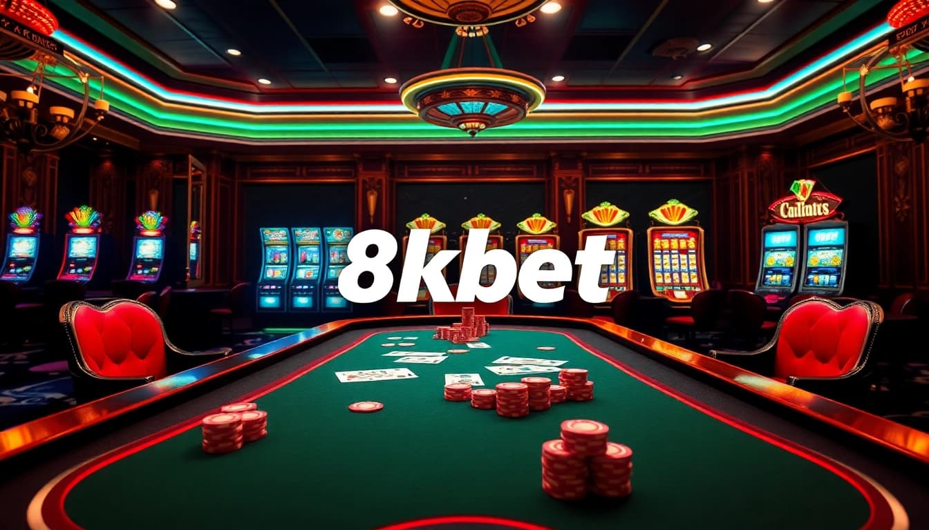 Experience the excitement of 8kbet with a vibrant, luxurious casino setting featuring poker cards and colorful chips.