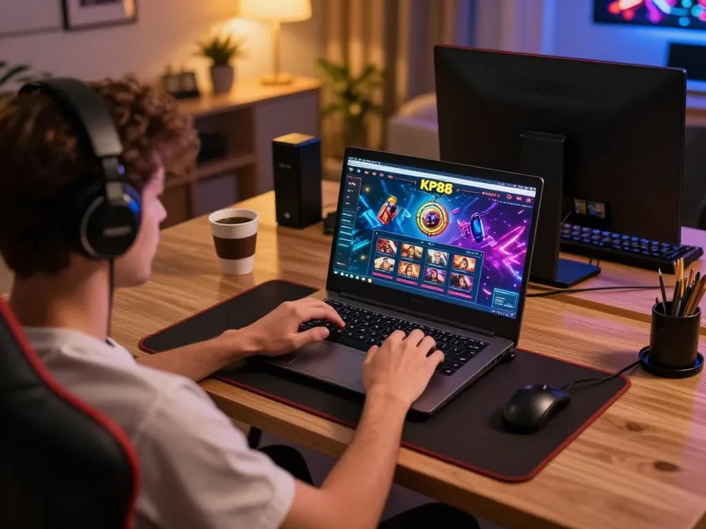 Player engaging with KP88 online casino interface, immersed in gaming action at home
